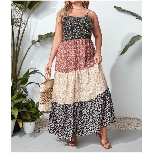 Boho Plus Floral Print Color Block Cami Maxi Dress - Picture 3 of 3